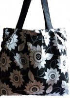 Black White Bold Print Flower Large Pleat Tote Pocket Shoulder Cotton.jpg